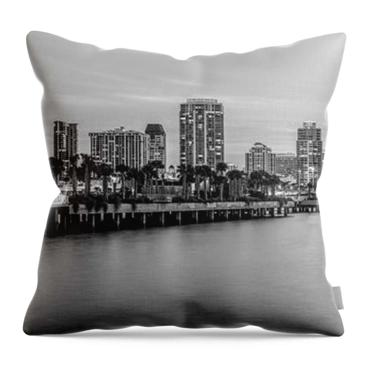 America Throw Pillow featuring the photograph St. Petersburg Skyline at Night Black and White Panoramic Photo by Paul Velgos
