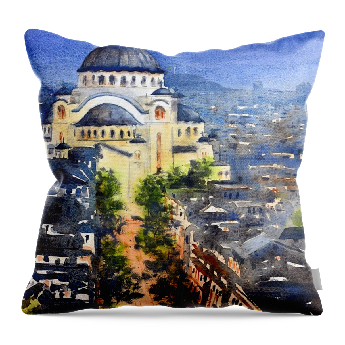 Church Throw Pillow featuring the painting St. Sava at night Belgrade 25x36 cm 2022 by Nenad Kojic Watercolours