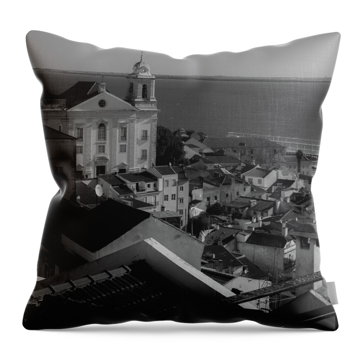 Church Throw Pillow featuring the photograph St Stephen Church and the Alfama Coastline of Lisbon Portugal by Christina McGoran