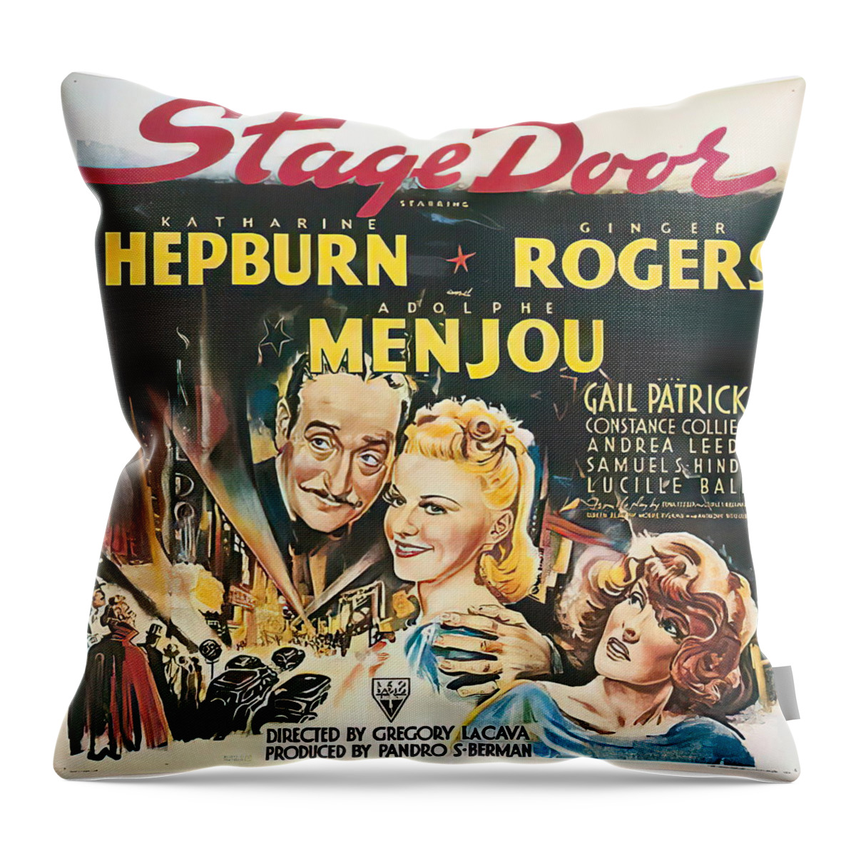 Stage Throw Pillow featuring the mixed media ''Stage Door'', 1937 by Movie World Posters