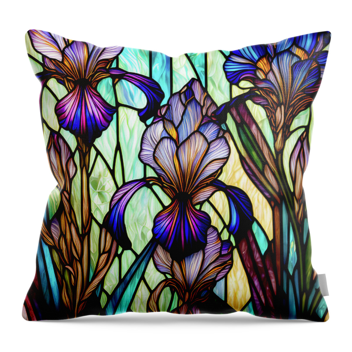 Irises Throw Pillow featuring the digital art Stained Glass Irises by Peggy Collins
