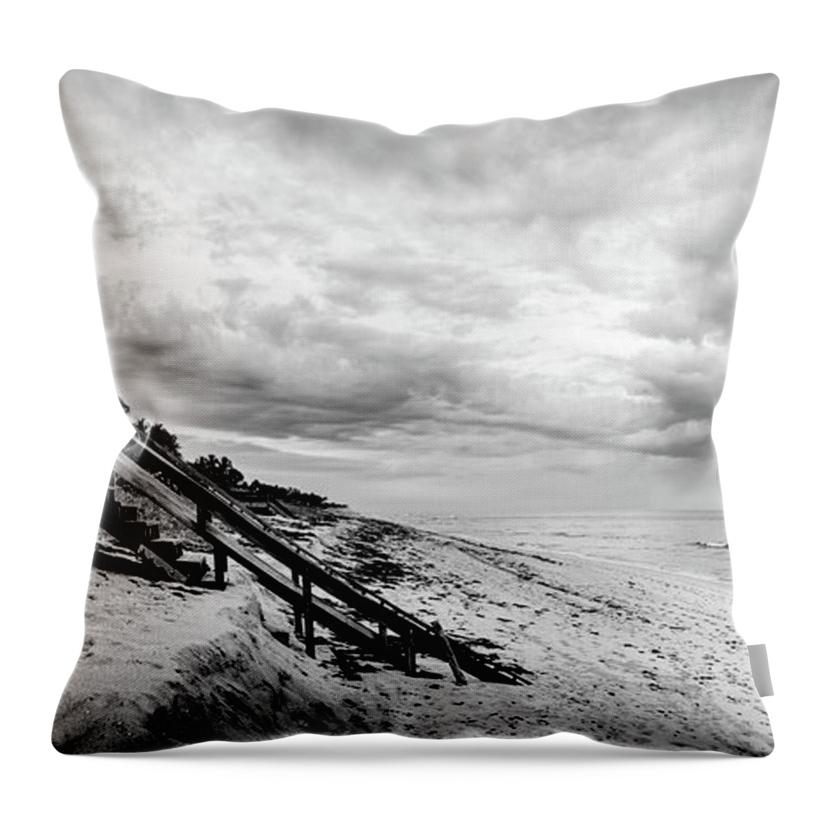 Black Throw Pillow featuring the photograph Stairs to the Beach Panorama Black and White by Debra and Dave Vanderlaan