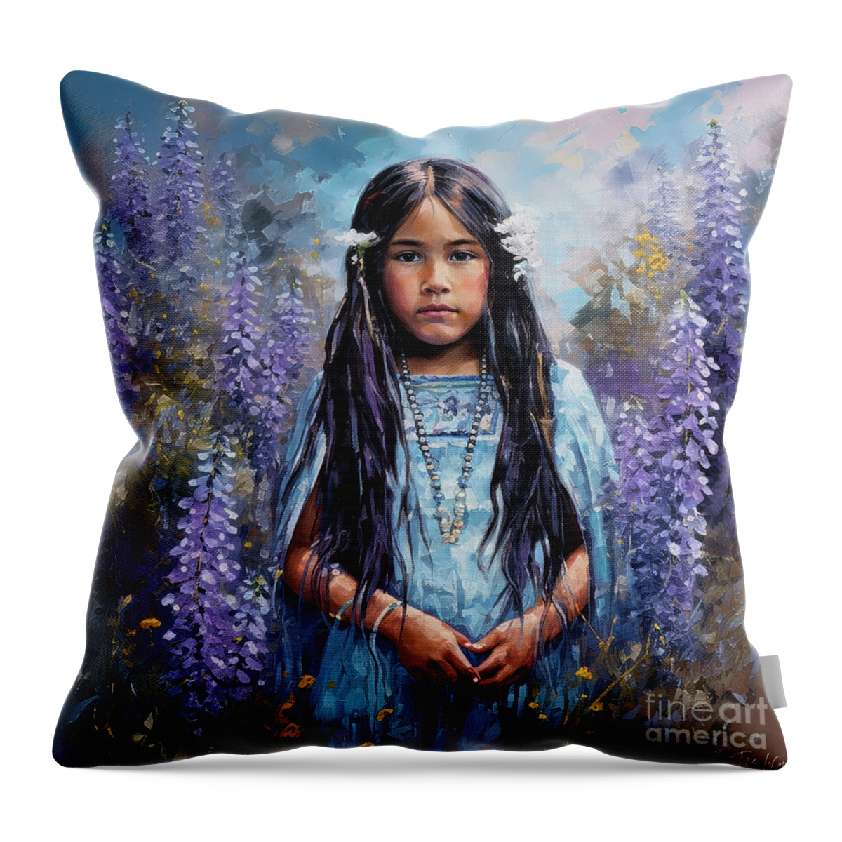 Native American Throw Pillow featuring the painting Standing In The Lupines by Tina LeCour
