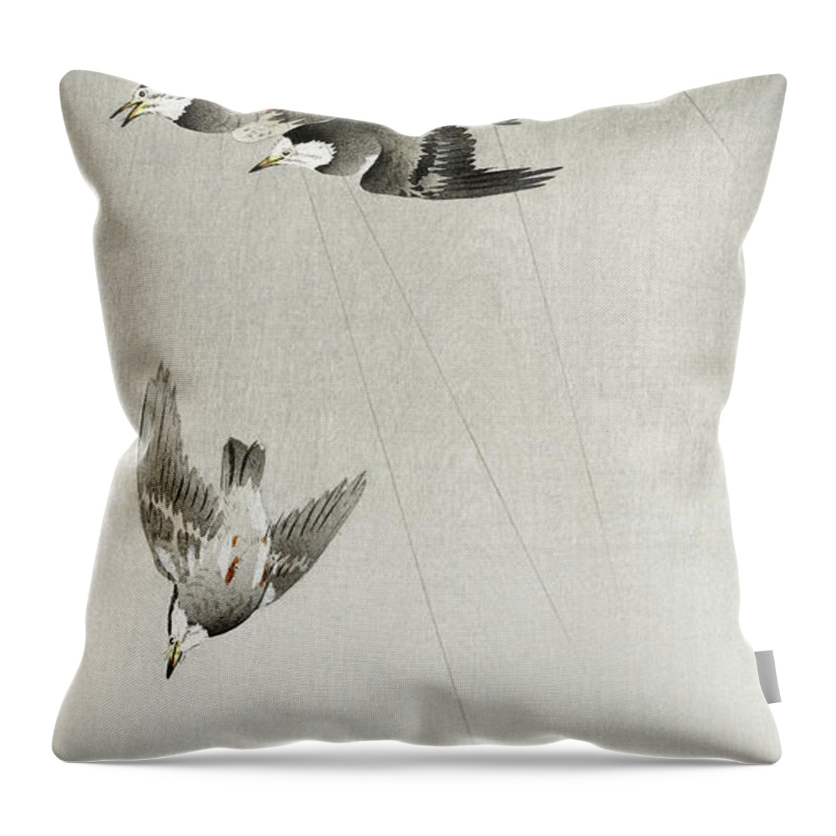 Birds Throw Pillow featuring the painting Starlings in the rain by Ohara Koson