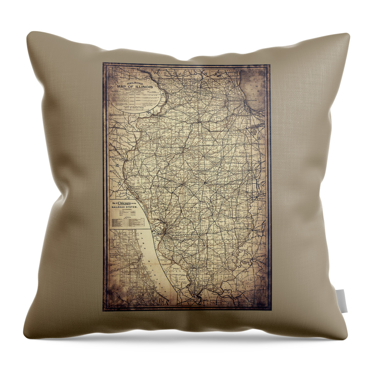 Illinois Map Throw Pillow featuring the photograph State of Illinois Vintage Railroad Map 1898 Sepia by Carol Japp
