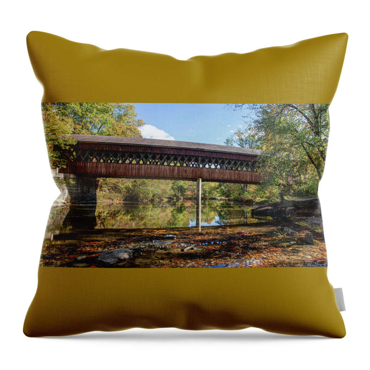 Bridges Throw Pillow featuring the photograph State Road Covered Bridge Panoramic by Dale Kincaid
