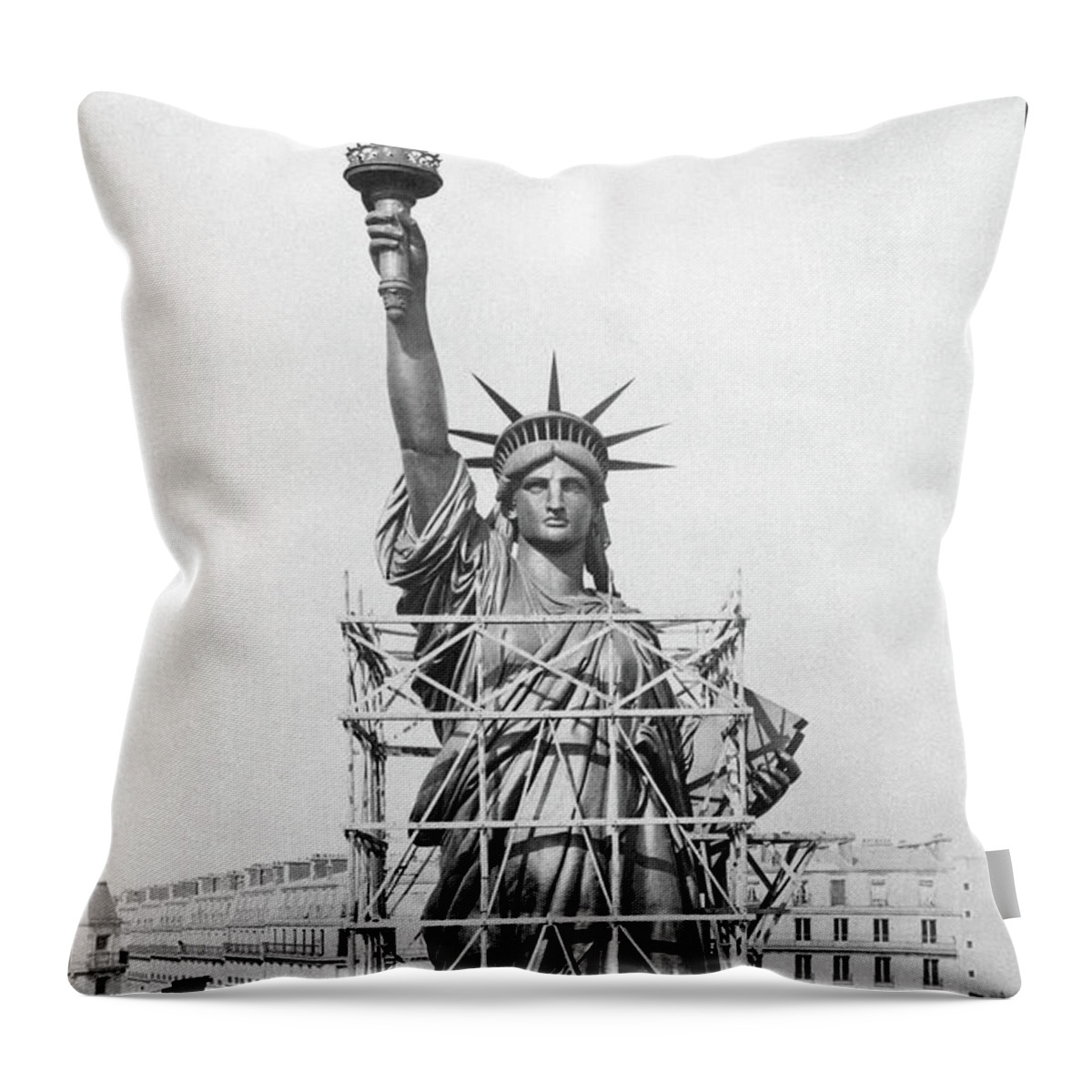 Statue Of Liberty Throw Pillow featuring the photograph Statue of Liberty Construction - Paris - 1884 by War Is Hell Store