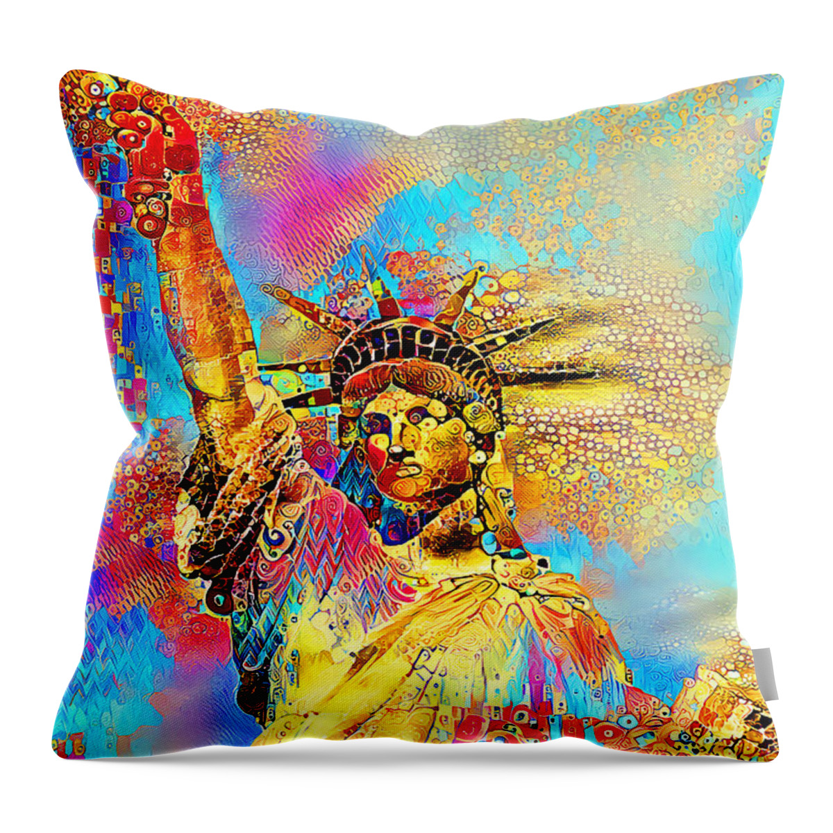 Wingsdomain Throw Pillow featuring the photograph Statue of Liberty in a Gustav Klimt World 20210701 v2 by Wingsdomain Art and Photography