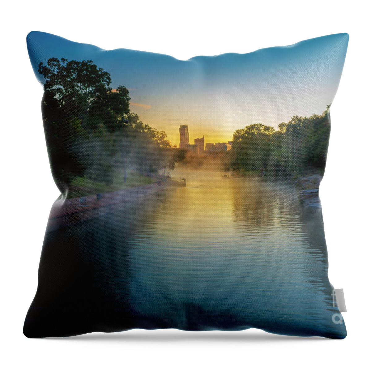 Barton Springs Throw Pillow featuring the photograph steam fog rolls off Barton Springs Pool during a frigid winter morning by Dan Herron