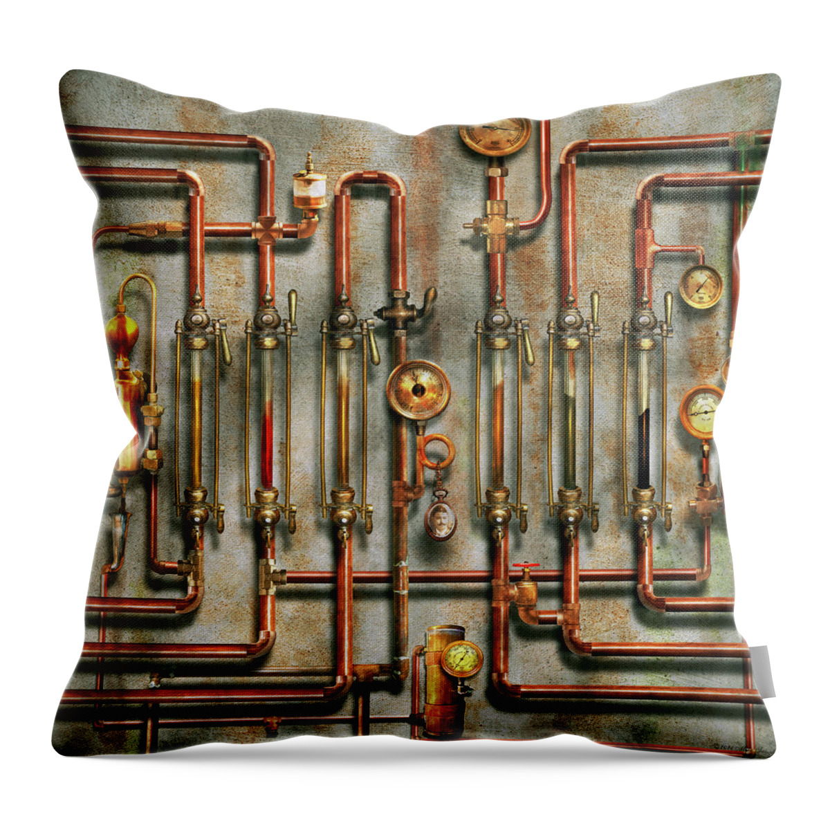 Self Throw Pillow featuring the digital art Steampunk - The lubrication manifold by Mike Savad