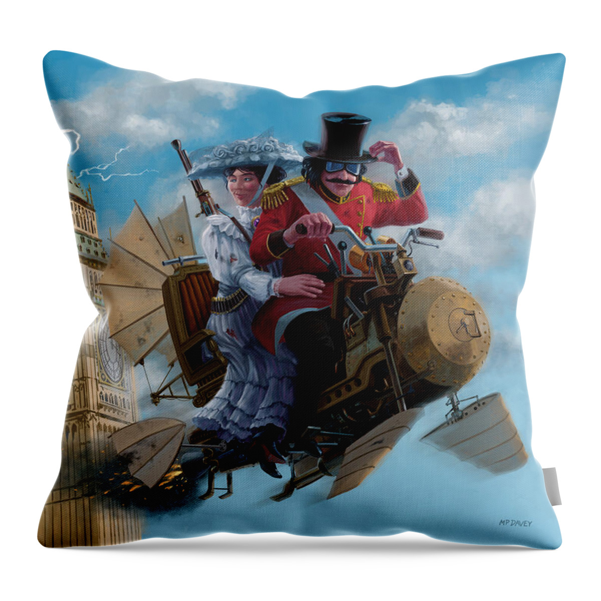 Steam Punk Throw Pillow featuring the digital art Steampunk escape from attack of Big Ben foe by Martin Davey