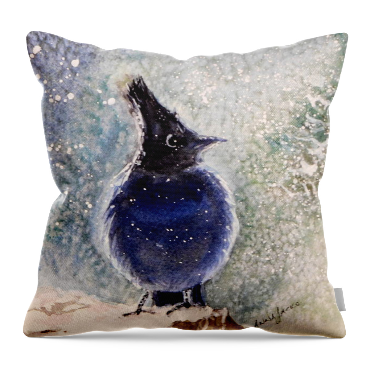 Winter Birds Throw Pillow featuring the painting Steller's Jay by Anna Jacke