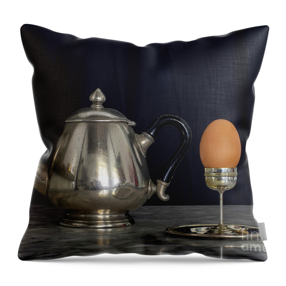 Patina Throw Pillow featuring the photograph Sterling Silver Eggcup and Teapot Black Background Still Life by Pablo Avanzini