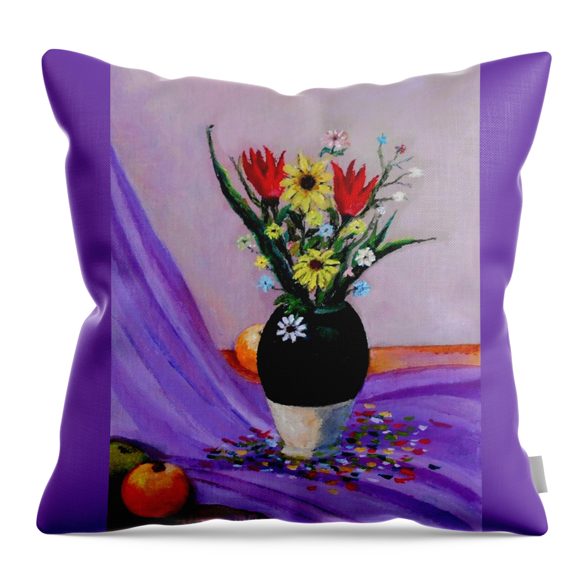 Still Life Throw Pillow featuring the painting Still life with flowers and fruits by Konstantinos Charalampopoulos