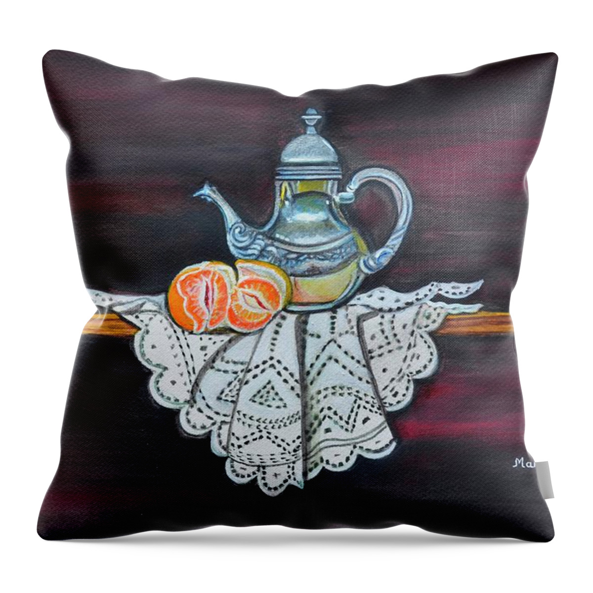 Oranges Throw Pillow featuring the painting Still life with orange and teapot on lace by Manjiri Kanvinde