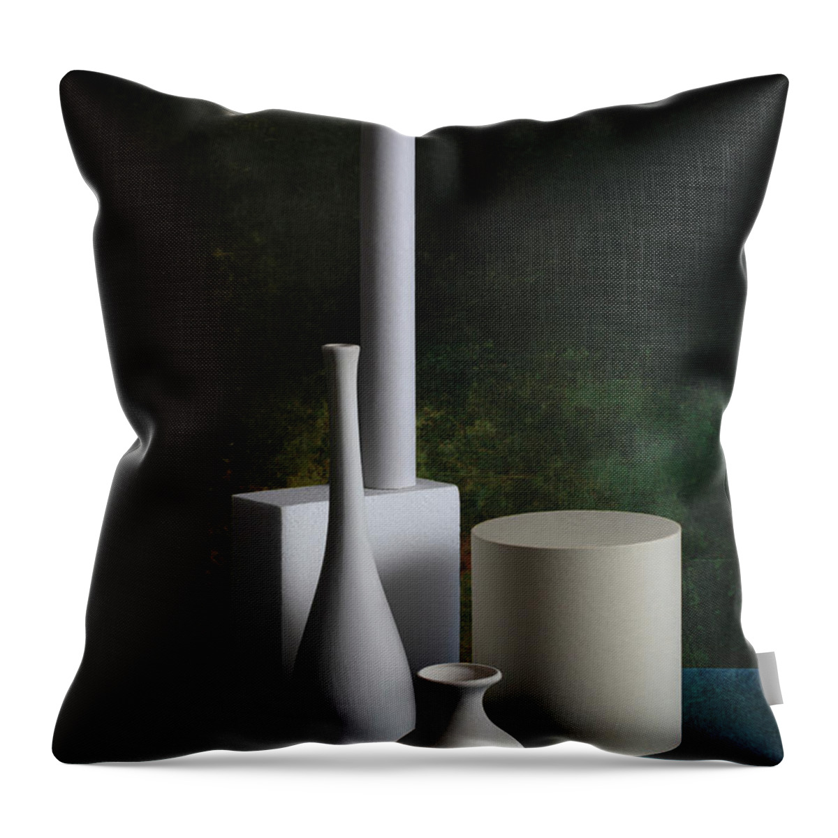 Still Life Throw Pillow featuring the photograph Still life with white vases and white figures by Valentin Ivantsov