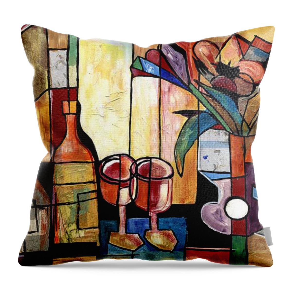 Everett Spruill Throw Pillow featuring the painting Still Life with Wine and Flowers for two take 2 by Everett Spruill
