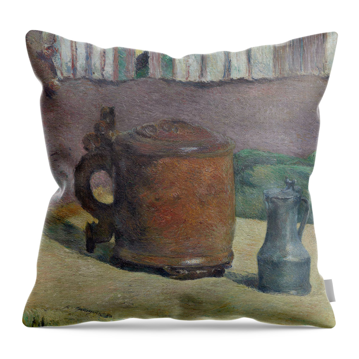 19th Century Painters Throw Pillow featuring the painting Still Life - Wood Tankard and Metal Pitcher by Paul Gauguin