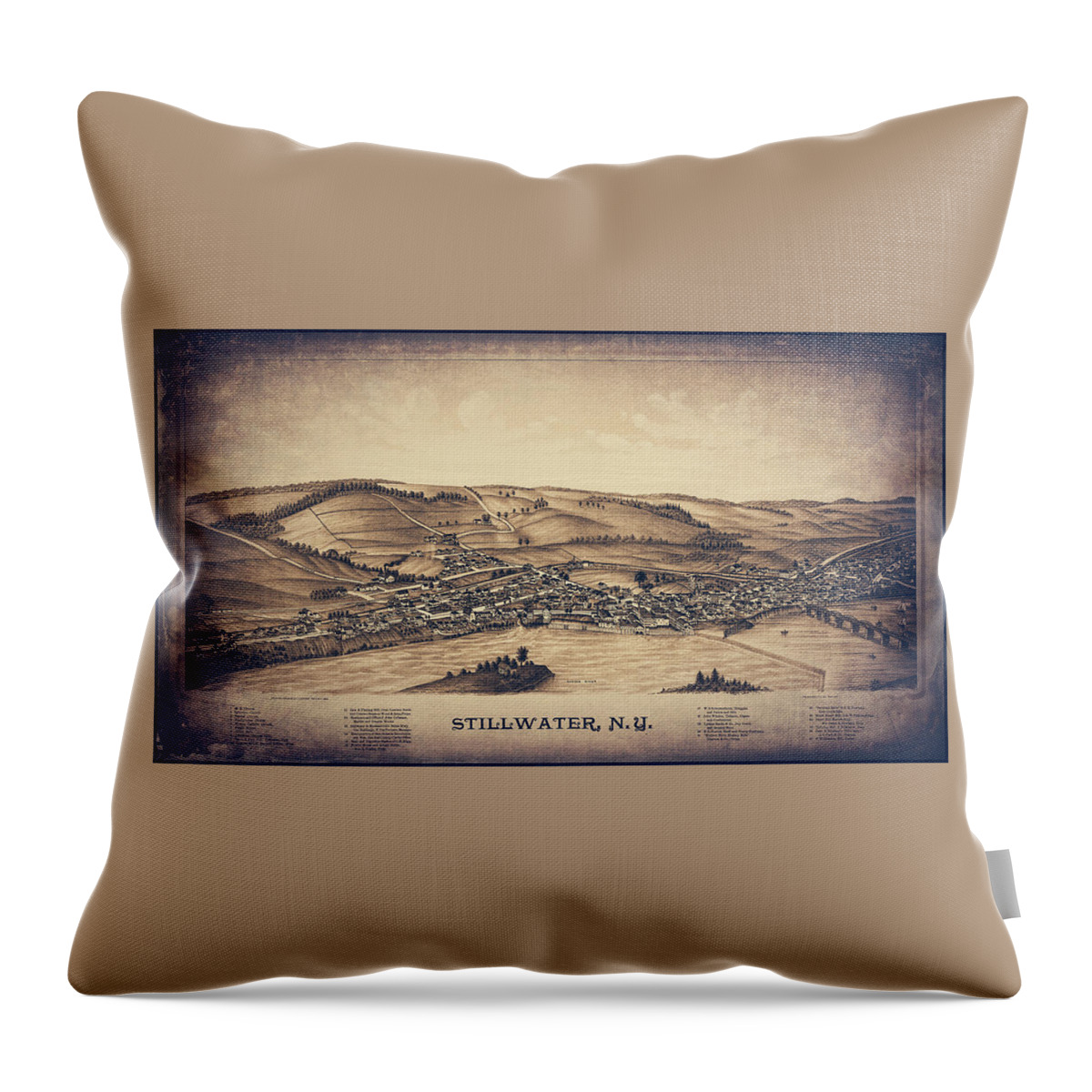 Stillwater Throw Pillow featuring the photograph Stillwater New York Vintage Map Aerial View 1889 Sepia by Carol Japp