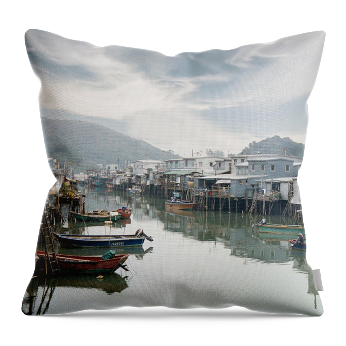 Hong Kong Throw Pillow featuring the photograph Stilt Village by Geoff Jewett