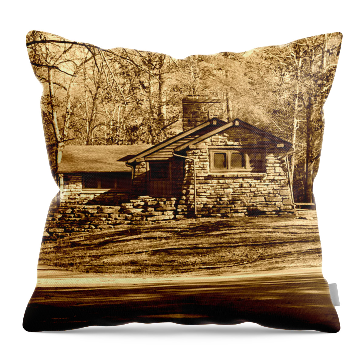 Stone Cabin Throw Pillow featuring the photograph Stone cabin in the Woods Sepia by Stacie Siemsen