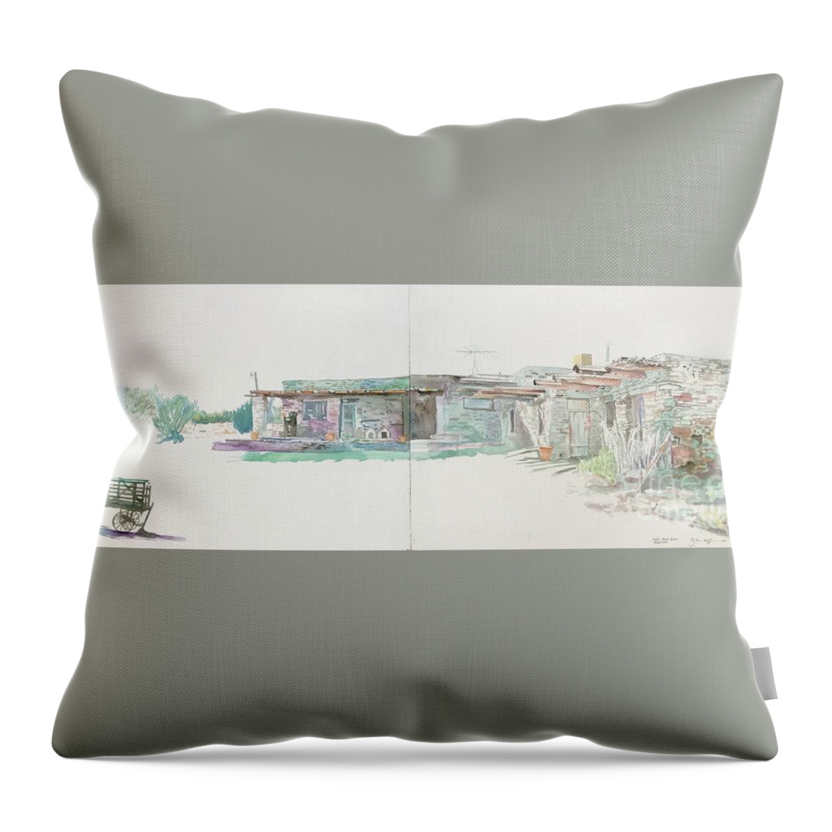 Watercolor Throw Pillow featuring the painting Stone House Rogersville New Mexico by Glen Neff