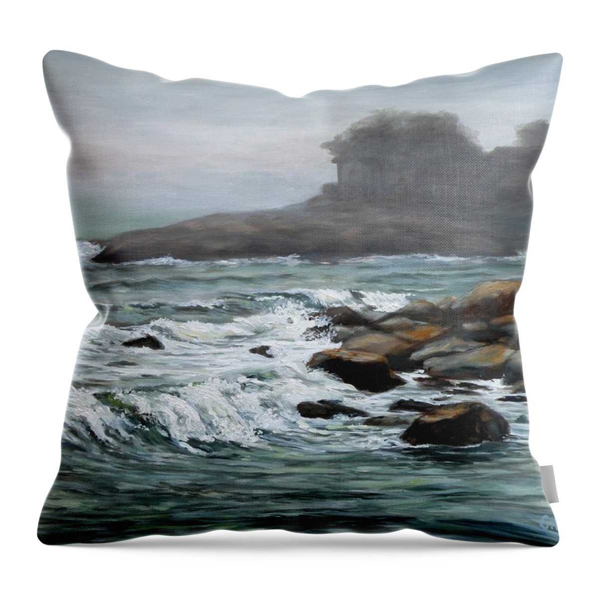 Ocean Throw Pillow featuring the painting Foggy Day At Old Garden Beach by Eileen Patten Oliver