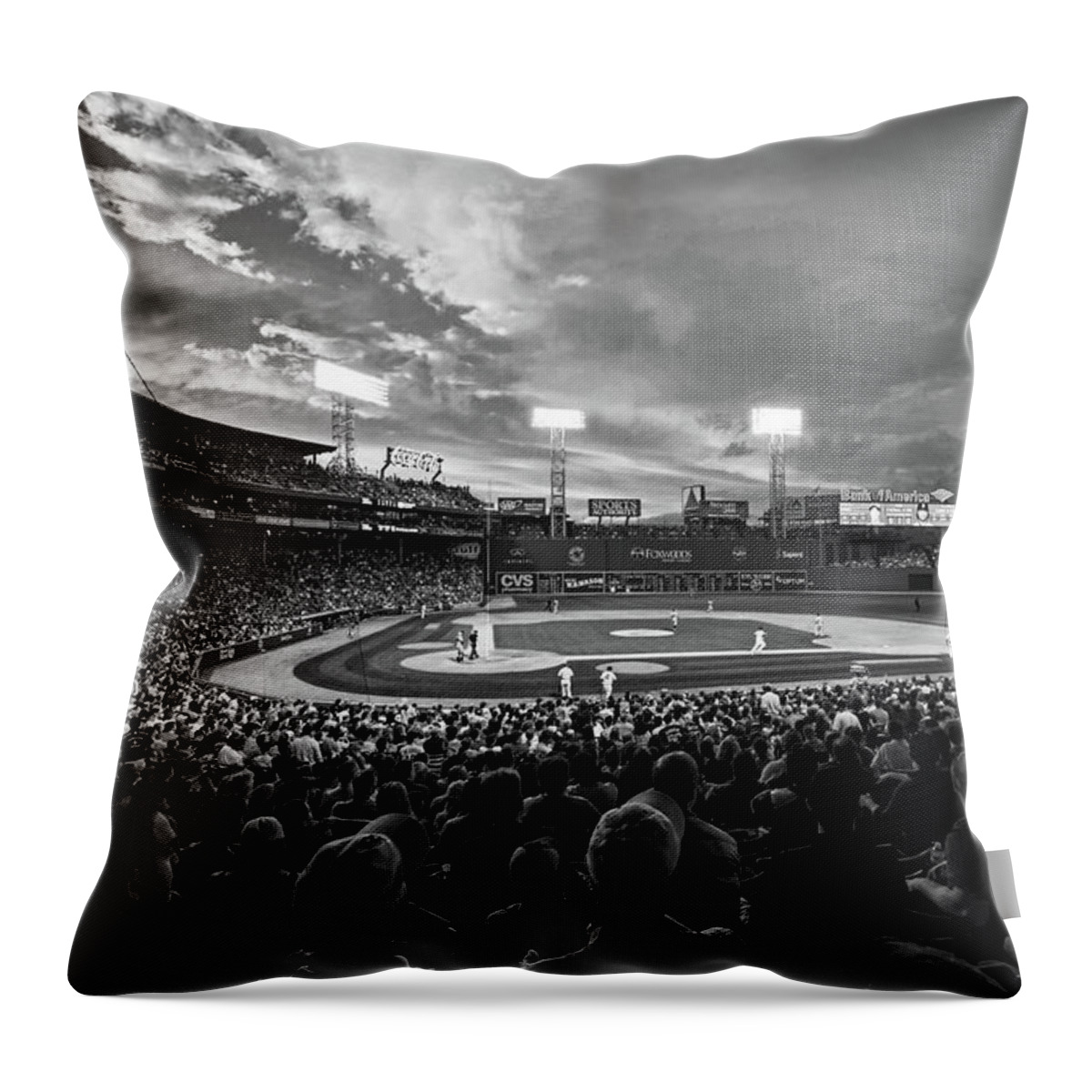 Boston Throw Pillow featuring the photograph Storm clouds over Fenway Park Boston MA Black and White by Toby McGuire