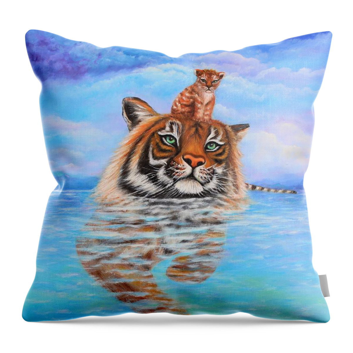 Wall Art Home Decor Tiger Baby Tiger Blue Sky Blue Water Clouds Stormy Clouds Lake Gift For Him Gift For Her Art Gallery Siberian Tiger Amur Tiger Throw Pillow featuring the photograph Storm is Coming by Tanya Harr