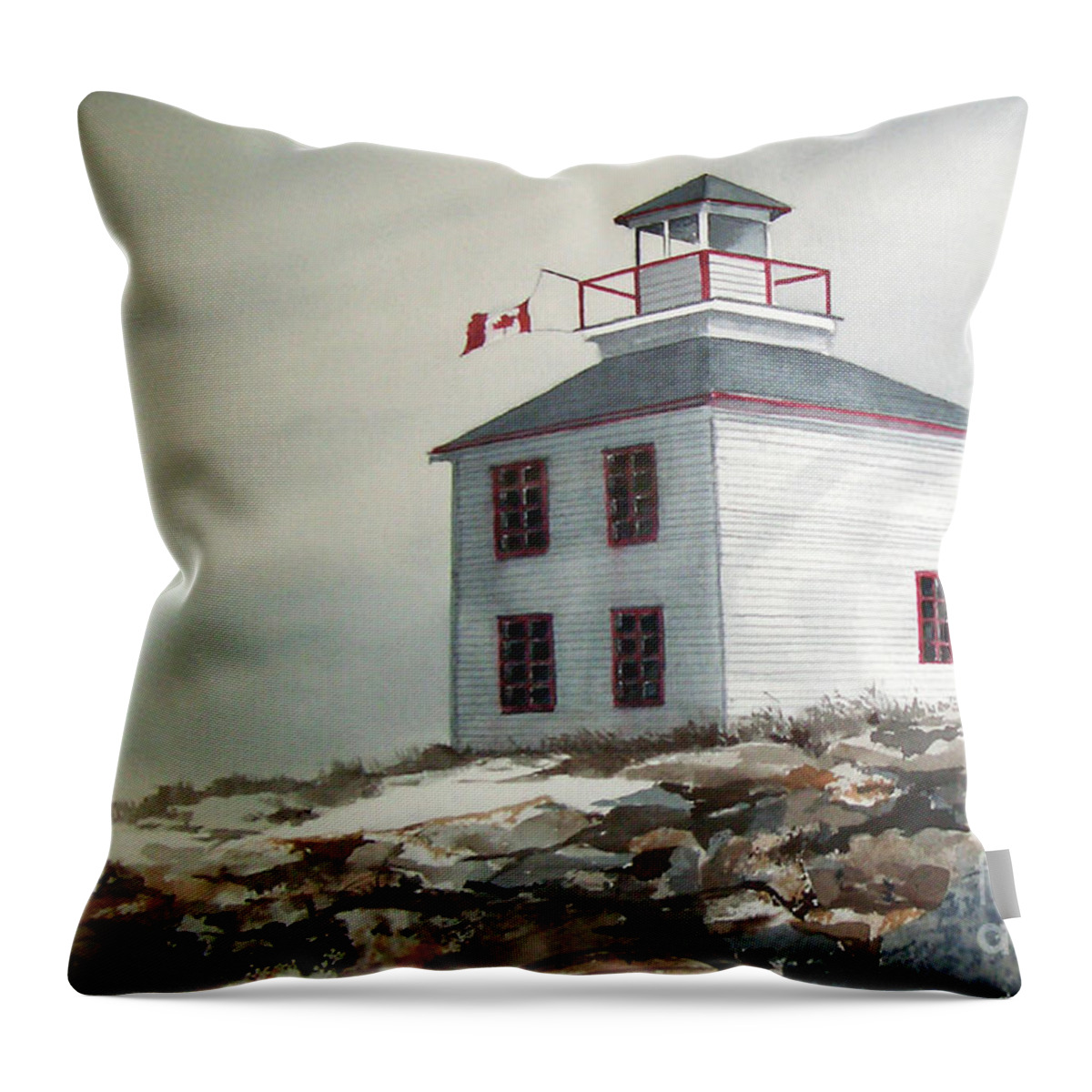 A Storm Approaches A Lighthouse In Canada. Throw Pillow featuring the painting Storm Watch by Monte Toon
