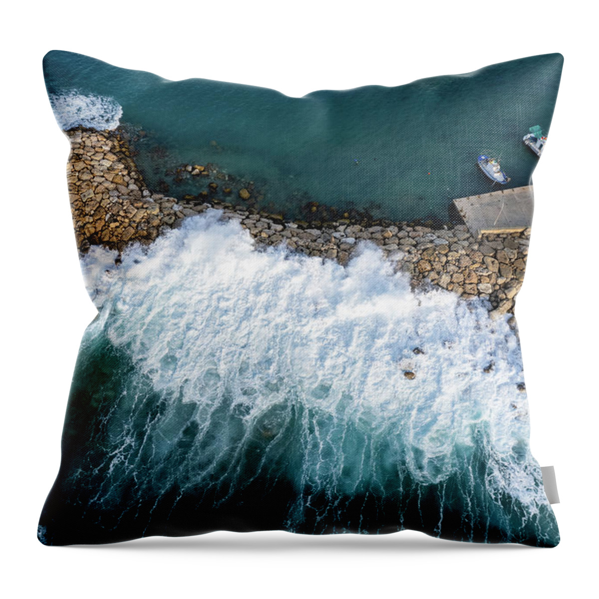Brakewater Throw Pillow featuring the photograph Stormy windy waves on the shore. Drone photography. by Michalakis Ppalis