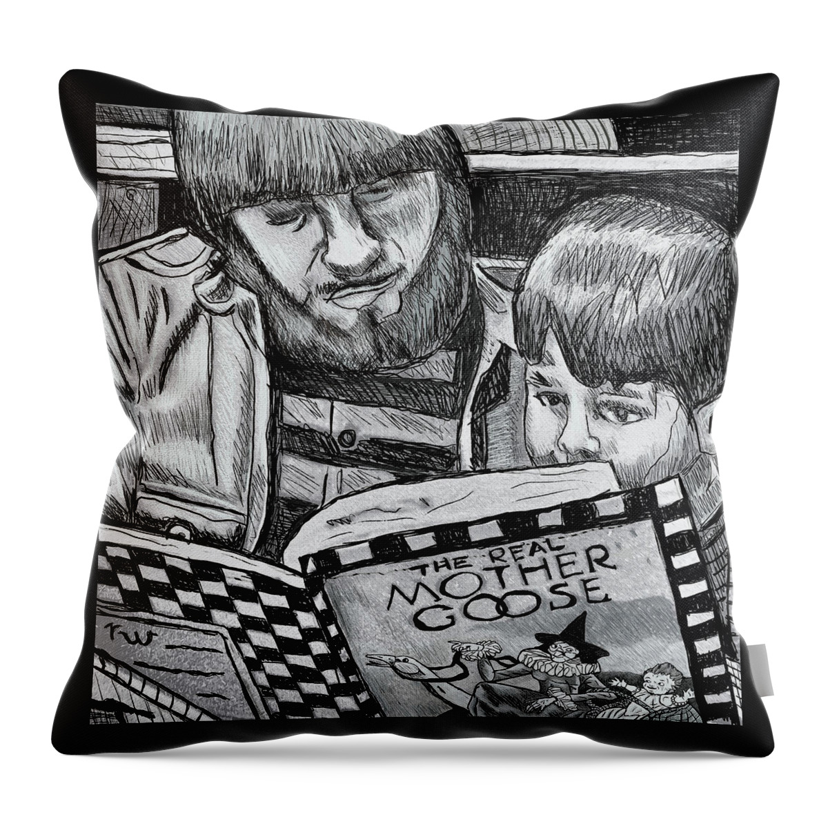 Young Father Throw Pillow featuring the drawing Story Time by Rod Whyte