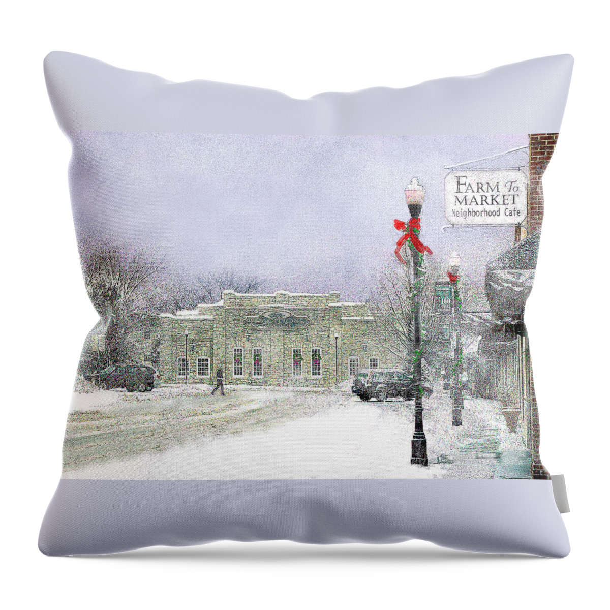 Snow Scene Throw Pillow featuring the photograph Strang Car Barn in Winter by Steve Karol