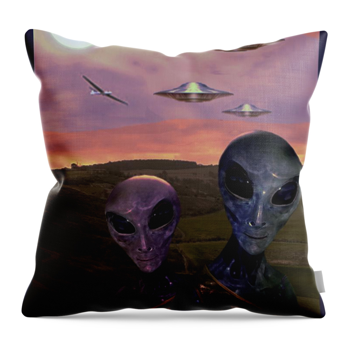 Aliens Throw Pillow featuring the mixed media Strange Encounter by Hartmut Jager
