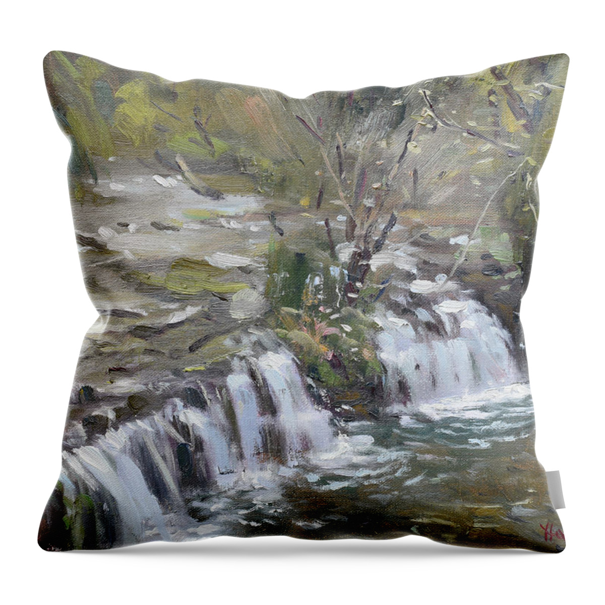 Creek Throw Pillow featuring the painting Stream in Goat Island by Ylli Haruni