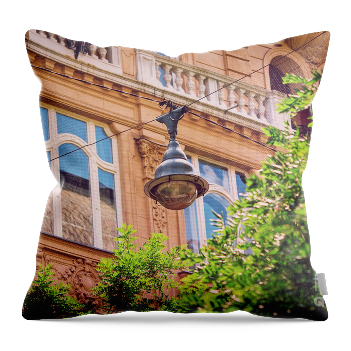 Architecture Throw Pillow featuring the photograph Street lamp on aerial wires and a beautiful old building by Mendelex Photography