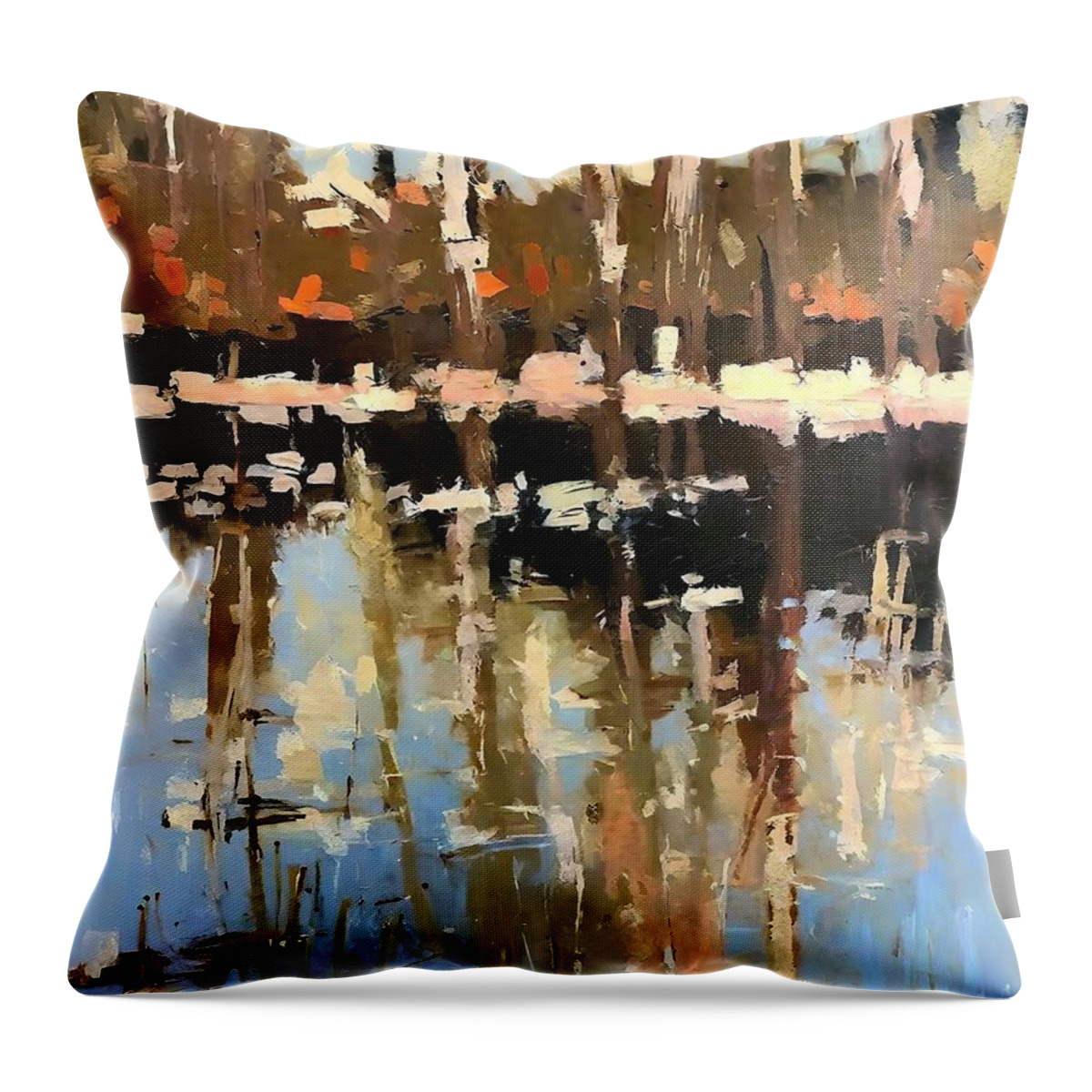 Australia Throw Pillow featuring the painting Stringybark Jetty Painting Australia stringbark abstract landscape red green light abstract art autumn background beauty brush brushstroke canvas color colorful creative decor design drawing drips by N Akkash