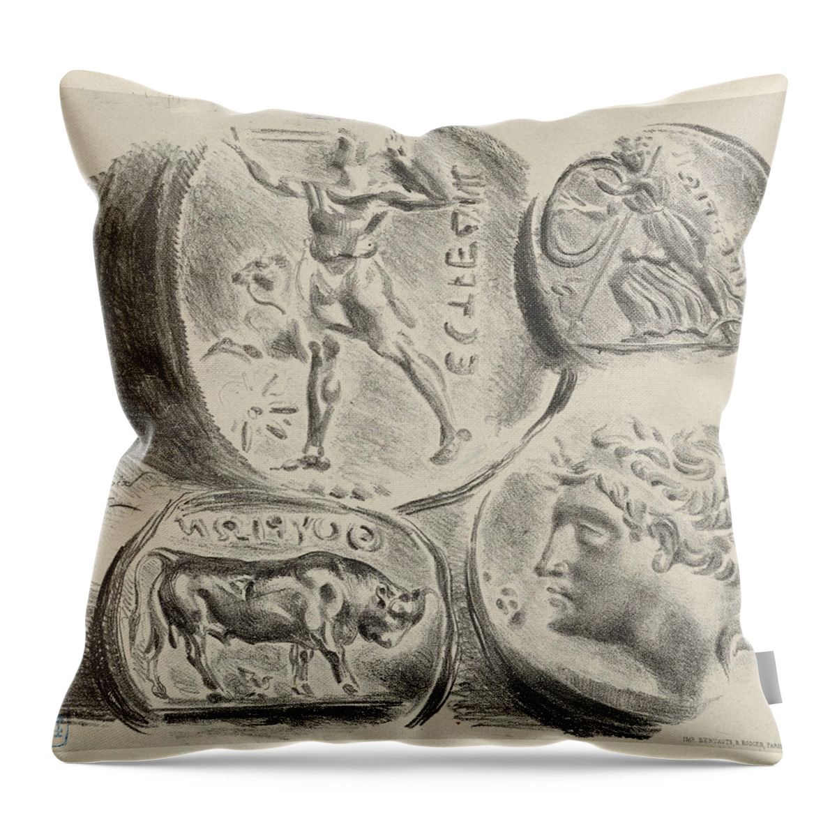 Eugene Delacroix Throw Pillow featuring the drawing Studies of Four Greek Coins by Eugene Delacroix