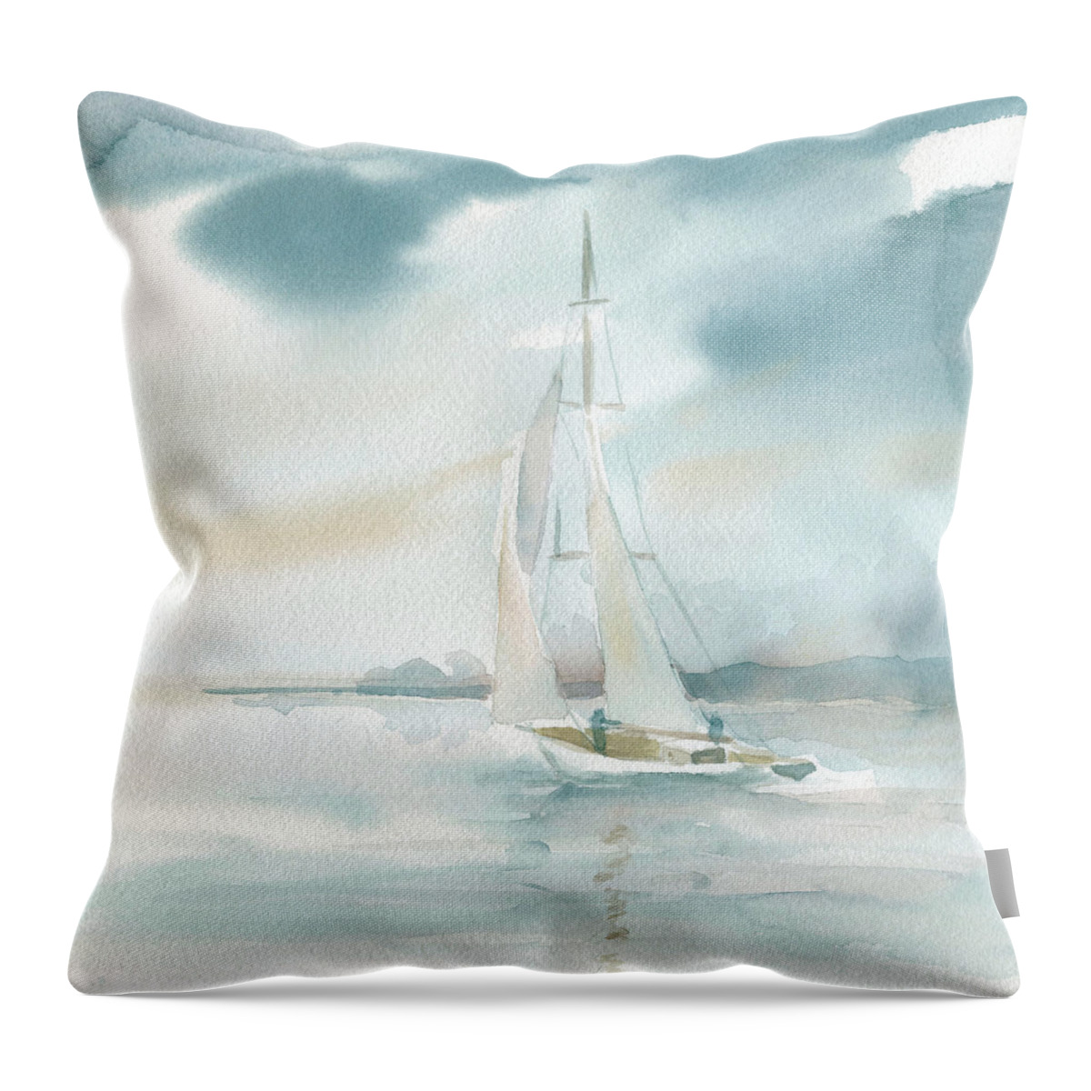 Ocean Sea Sailboat Watercolor Teal Coastal Seascape Throw Pillow featuring the painting Subtle Mist 1 by Carol Robinson