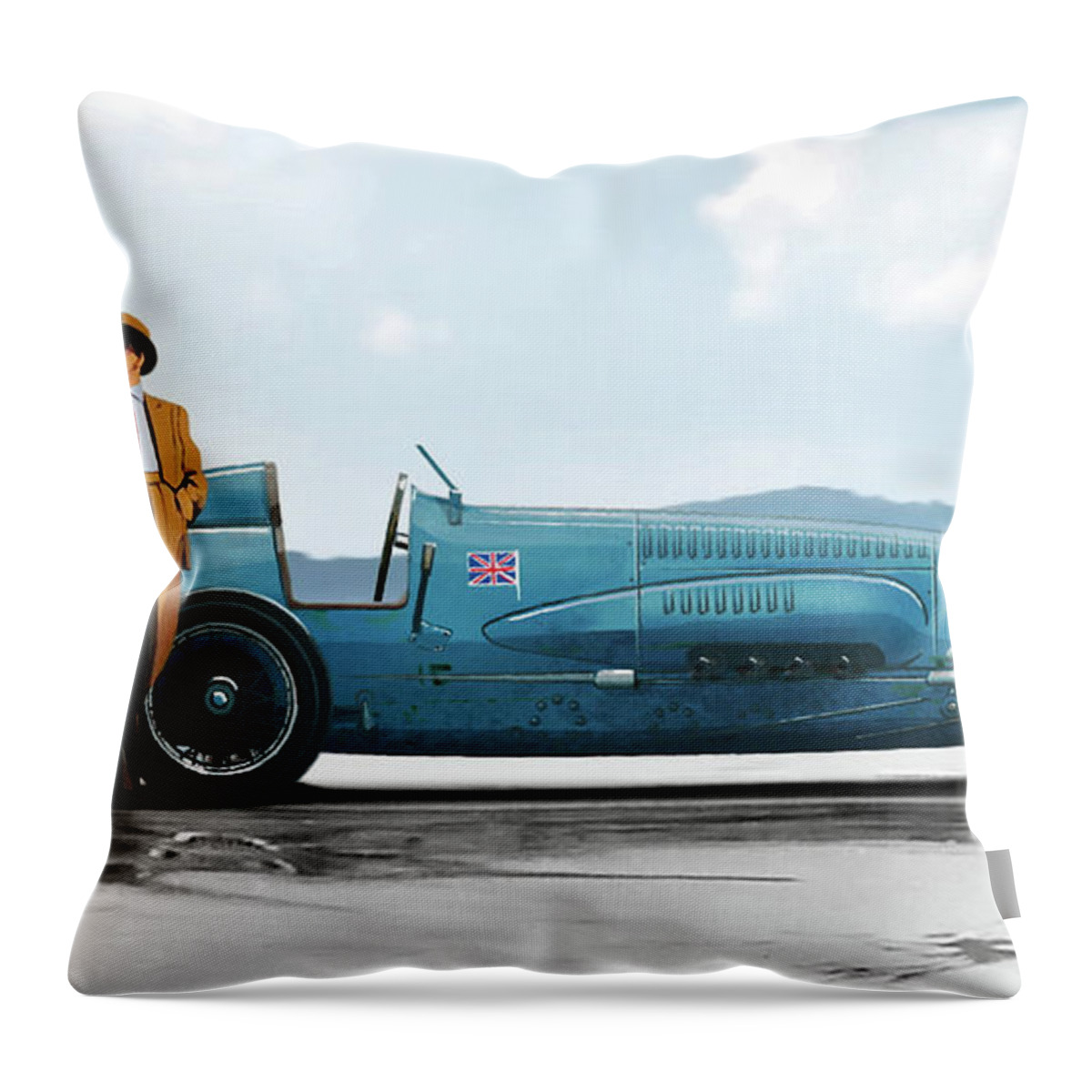 Bluebird Ii Throw Pillow featuring the painting Bluebird II, 1928, World Record land speed record at Pendine Sands, Wales, 178.88 mph by Thomas Pollart