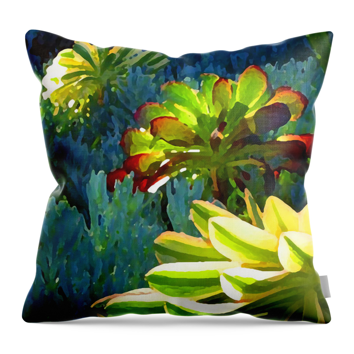 Succulent Throw Pillow featuring the painting Succulents Backlit on Blue 2 by Amy Vangsgard