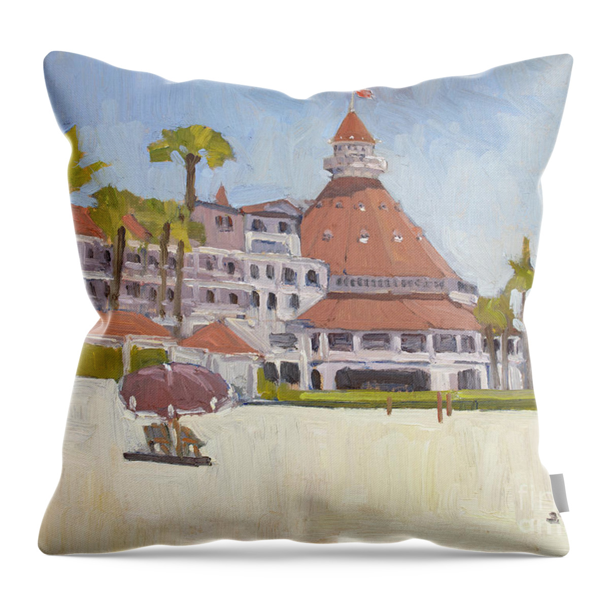 Hotel Del Coronado Throw Pillow featuring the painting Summer at Hotel Del Coronado - Coronado, San Diego, California by Paul Strahm