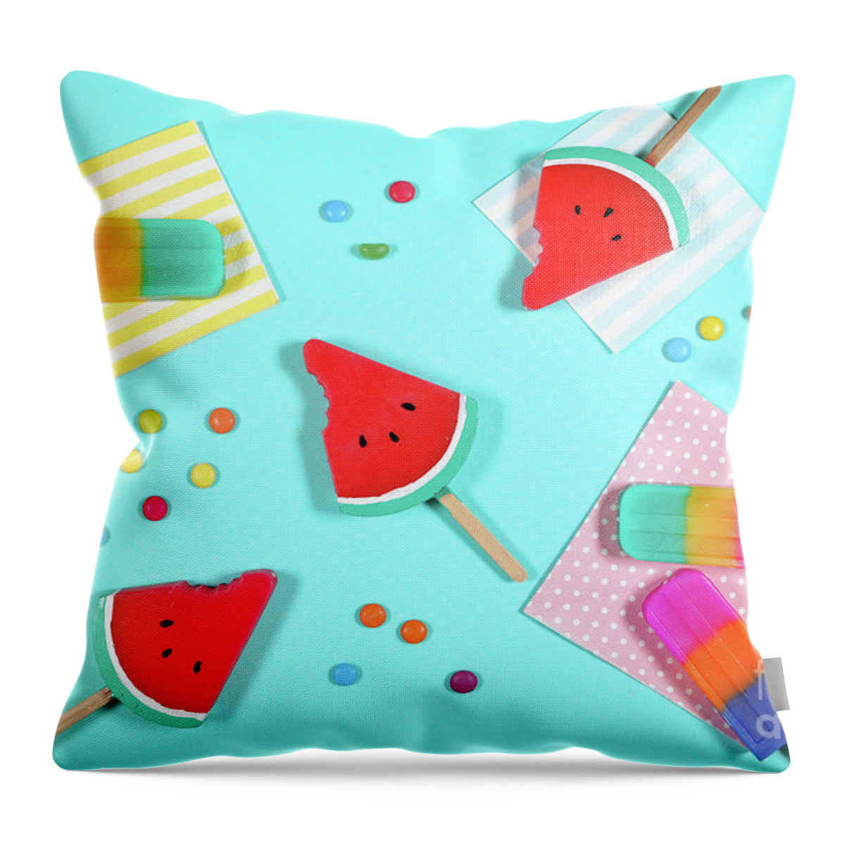 Summer Throw Pillow featuring the photograph Summer beach vacation theme flatlay styled with watermelon and ice creams by Milleflore Images