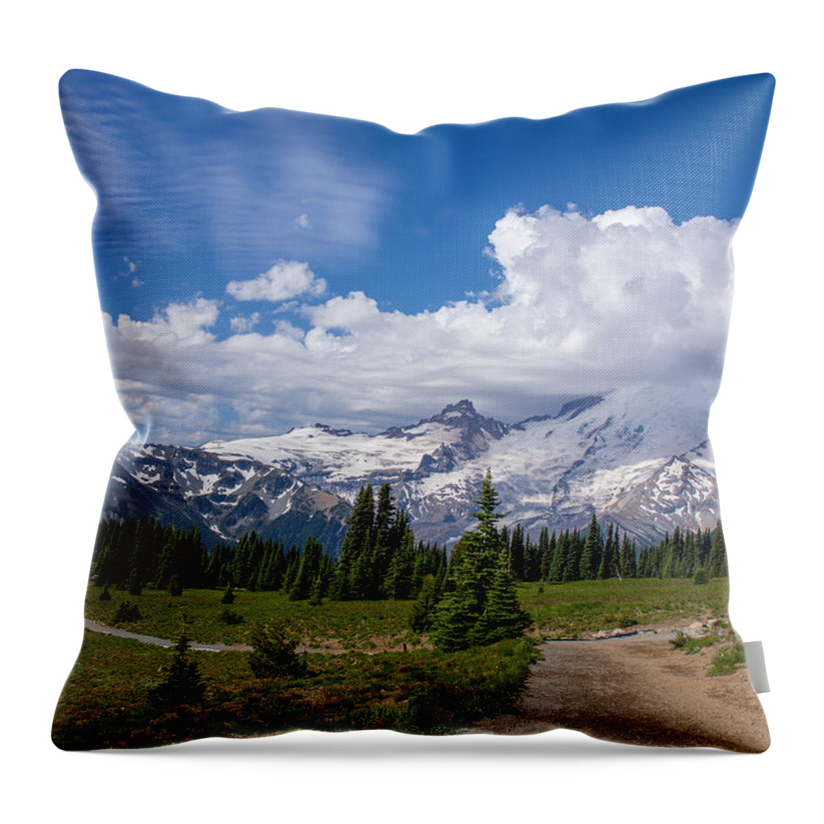 Summer Cloudscape At Mount Rainier Throw Pillow featuring the photograph Summer cloudscape at Mount Rainier by Lynn Hopwood