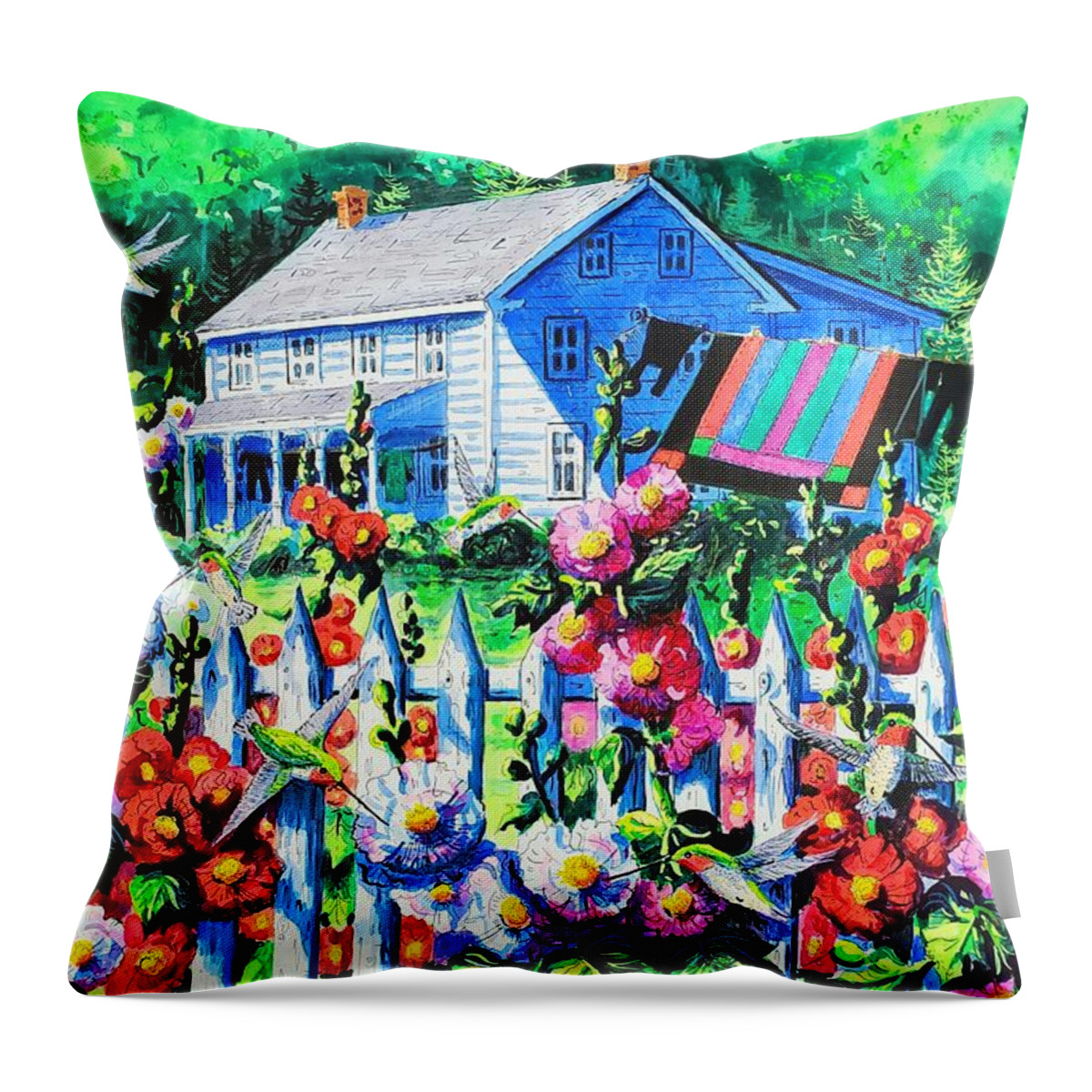 Hollyhocks Throw Pillow featuring the painting Summer Farm House and Hollyhocks by Diane Phalen