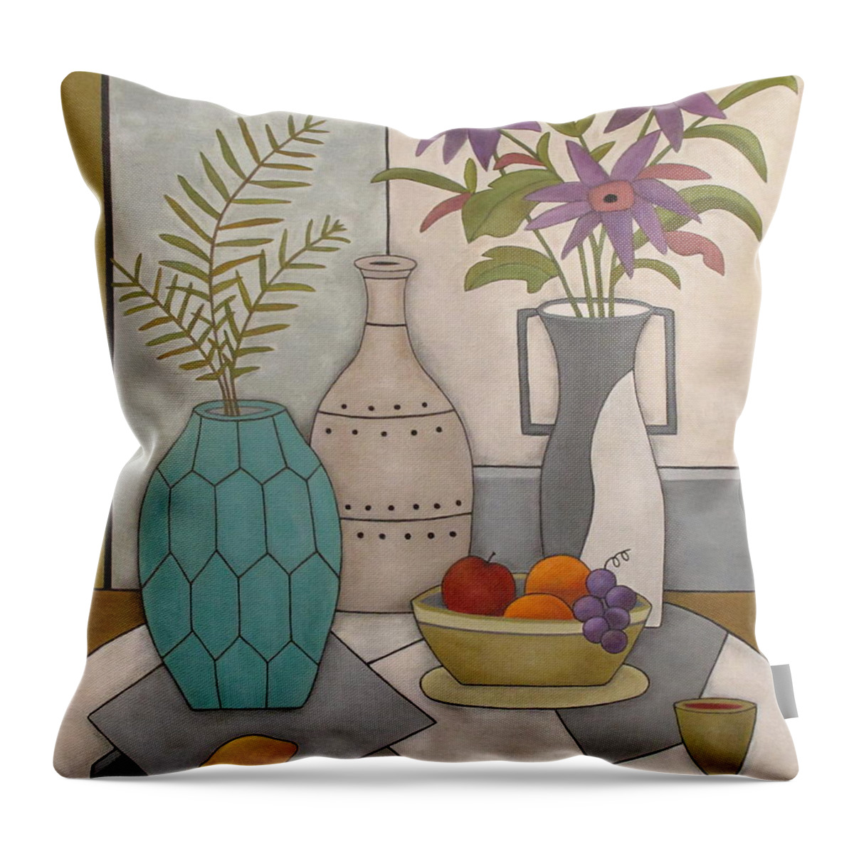 Still Life Throw Pillow featuring the painting Summer Flowers and Fruit by Trish Toro