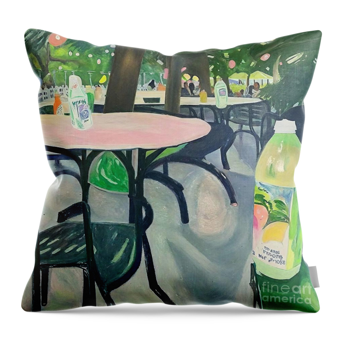 Bottle Throw Pillow featuring the painting summer in Bryant Park Painting bottle new york chair bryant park green acrylic brick chair chairs color flowers furniture horizontal lounge outdoors painting patio plants relaxation trellis white by N Akkash