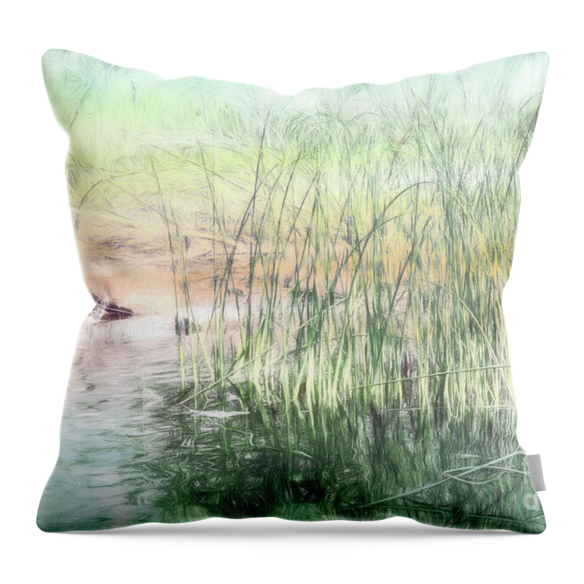 Lake Throw Pillow featuring the digital art Summer Lake Reeds by Jean OKeeffe Macro Abundance Art