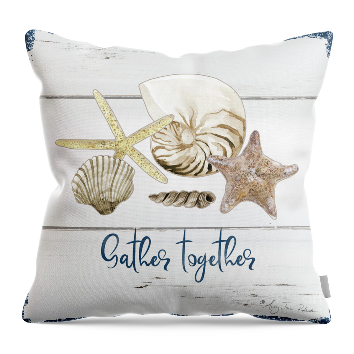 Summer Seas Throw Pillow featuring the painting Summer Seas 4 Gather Together Seashells on White Wood by Audrey Jeanne Roberts