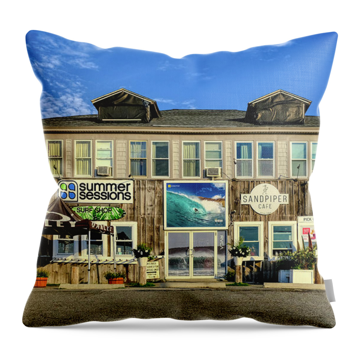 Summer Sessions Surf Shop Throw Pillow featuring the photograph Summer Sessions Surf Shop by Deb Bryce